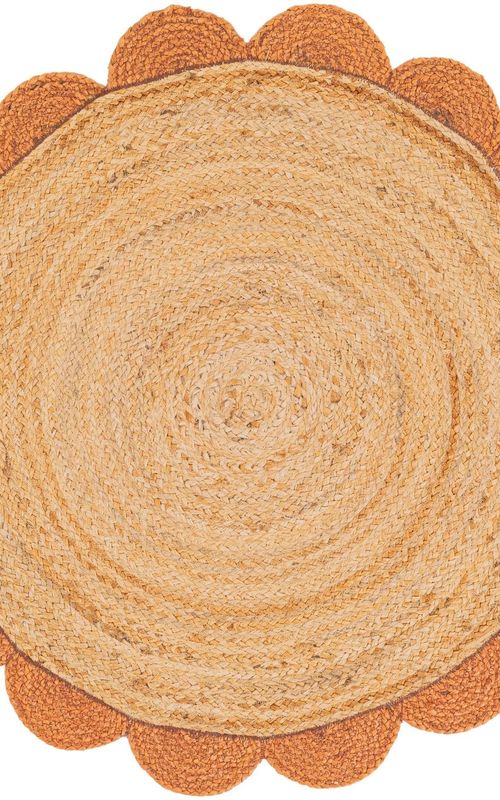 Handmade Round Scalloped Jute Rug with Orange Border – Natural Eco-Friendly Area Rug for Living Room & Home Decor