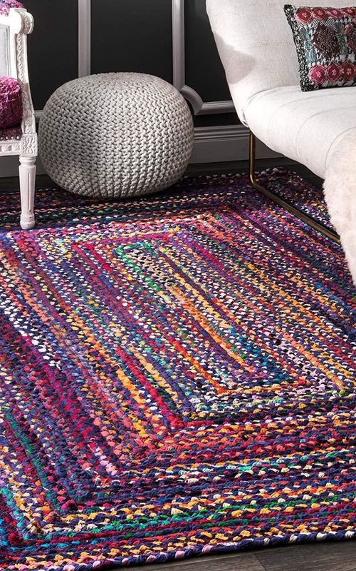 Handmade Braided Blue Multi Cotton Rectangle Floor Area Rug-Floor Carpet Rug-Bed Side Runner Rug