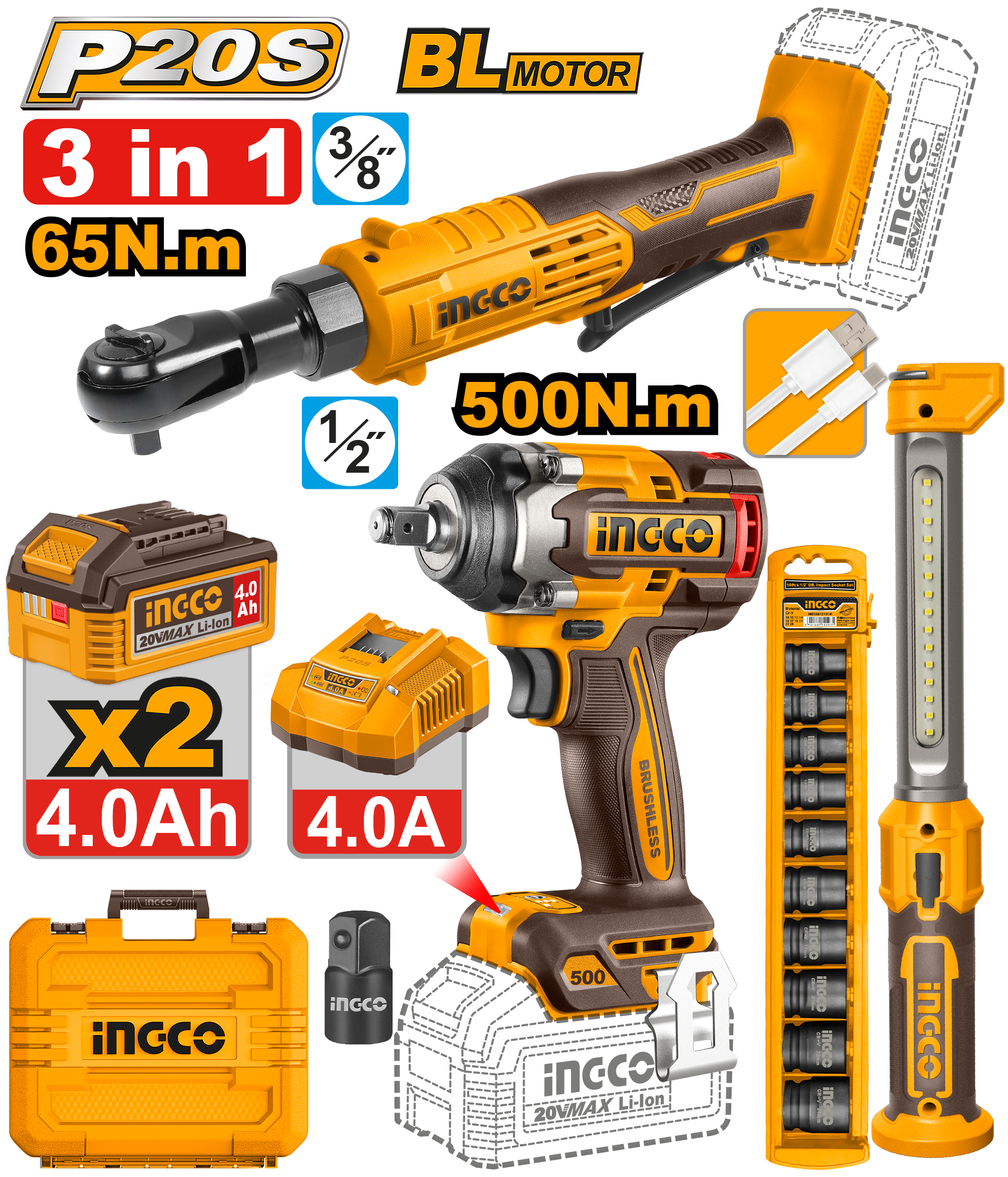 INGCO Cordless Impact Wrench and Ratchet Combo Kit 20V Set