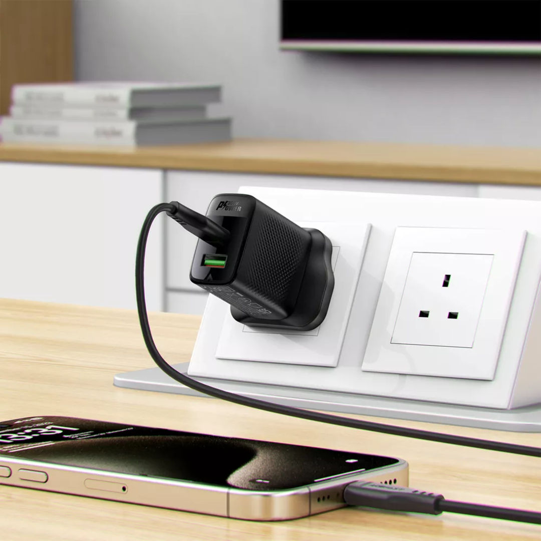 Acefast 30W GaN USB-C Power Delivery & USB Qualcomm 3-Pin UK Charging Plug, Black