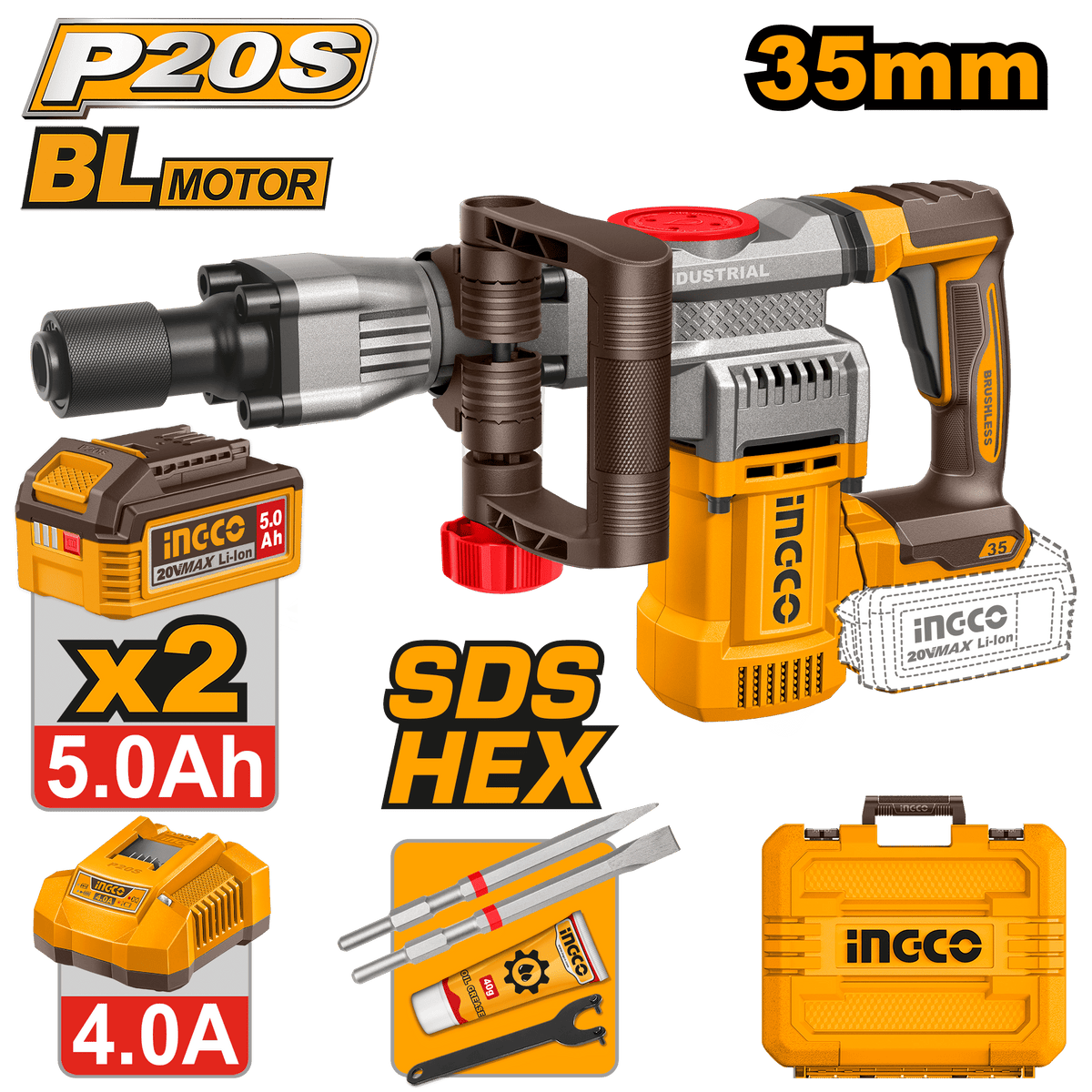 INGCO Cordless Demolition Hammer 20V Brushless Heavy Duty