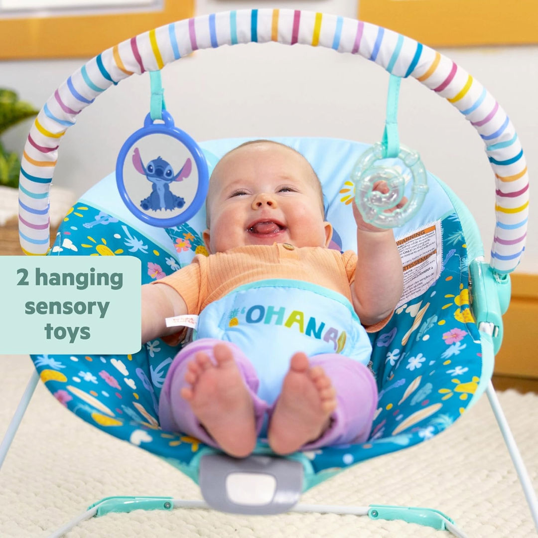Bright Starts Disney Baby Lilo & Stitch Ohana Paradise Vibrating Bouncer Toy (55.30 x 48.01 x 51.51cm, Mint Green), 0 to 6 months