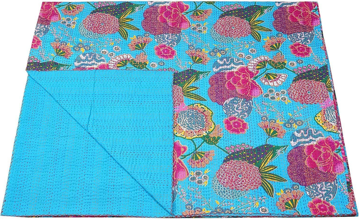 Turquoise Kantha Quilt – Handmade Floral Cotton Blanket | Boho Vintage Bedspread