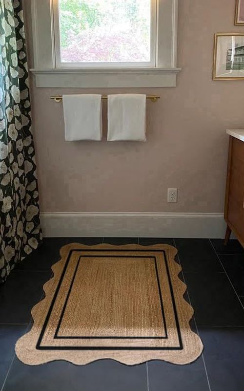 Scalloped Rectangle Jute Rug with Black Border Lines | Handmade Natural Area & Runner Carpet