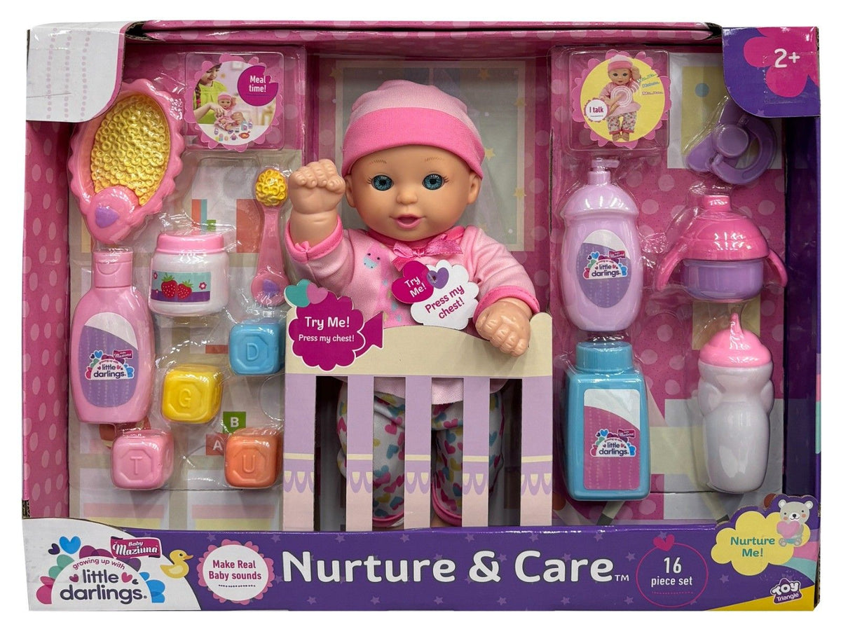 Baby Maziuna Little Darlings Nurture & Care Interactive Baby Doll Playset, 27.9cm, 16 Pieces, 24 Months+
