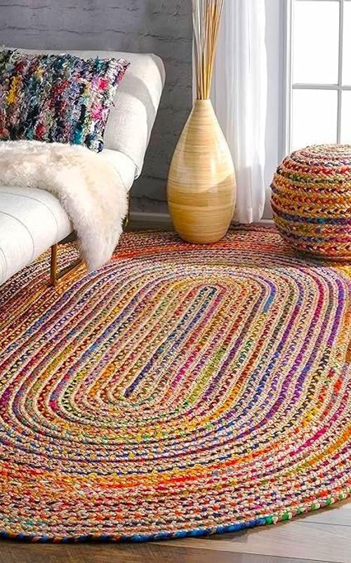 Handmade Multicolor Oval Natural Jute Area Rug – Braided Floor Carpet for Living Room, Bedroom & Home Décor