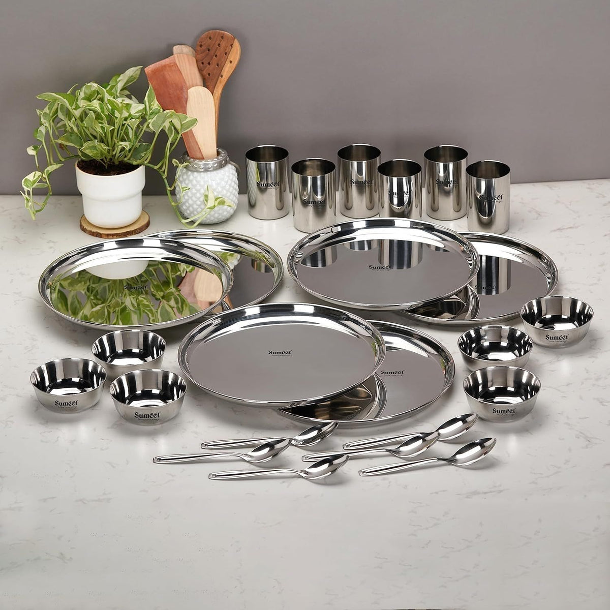 Stainless Steel 24 Pc Dinner Set Plates Bowls Glasses Spoons