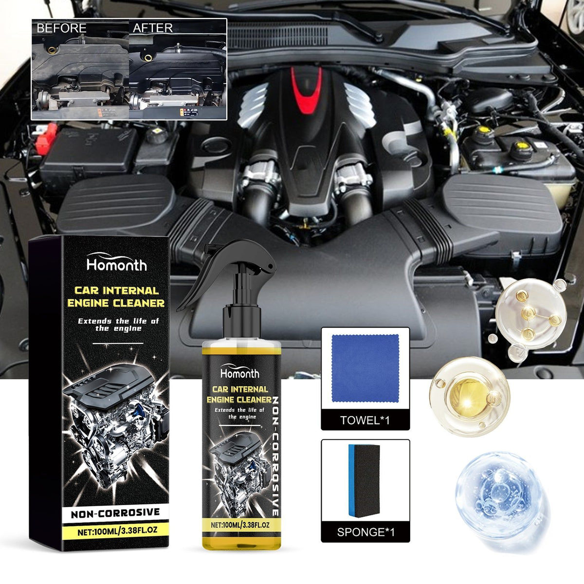 Car Engine Cleaner, Deep Decontamination, Rust Prevention, Mud Free, Automotive Cleaning Solution ,1set
