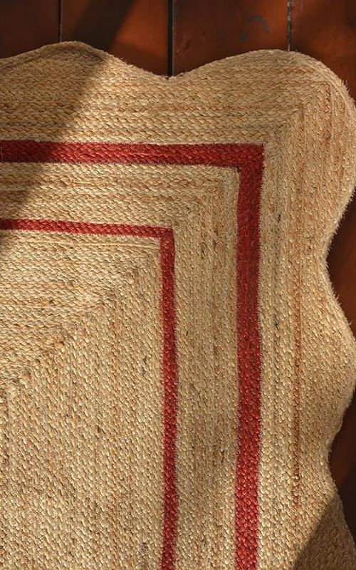Scalloped Rectangle Jute Rug with Red Border Lines | Handmade Natural Area & Runner Carpet