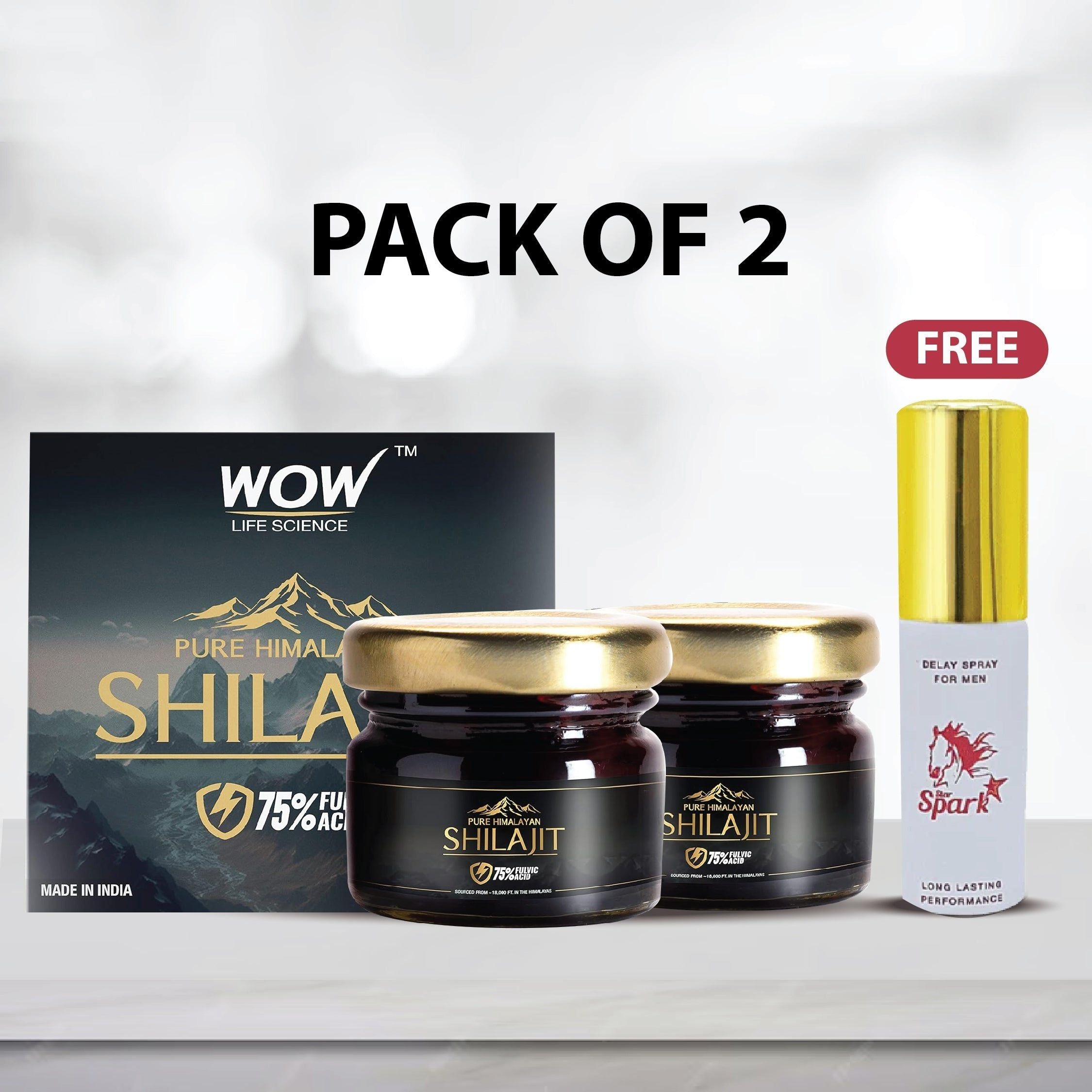 Wow Life Science Himalayan Shilajit 75% Fulvic Acid 20g(Pack of 2) and FREE Star Spark Delay Spray for men 12 ml