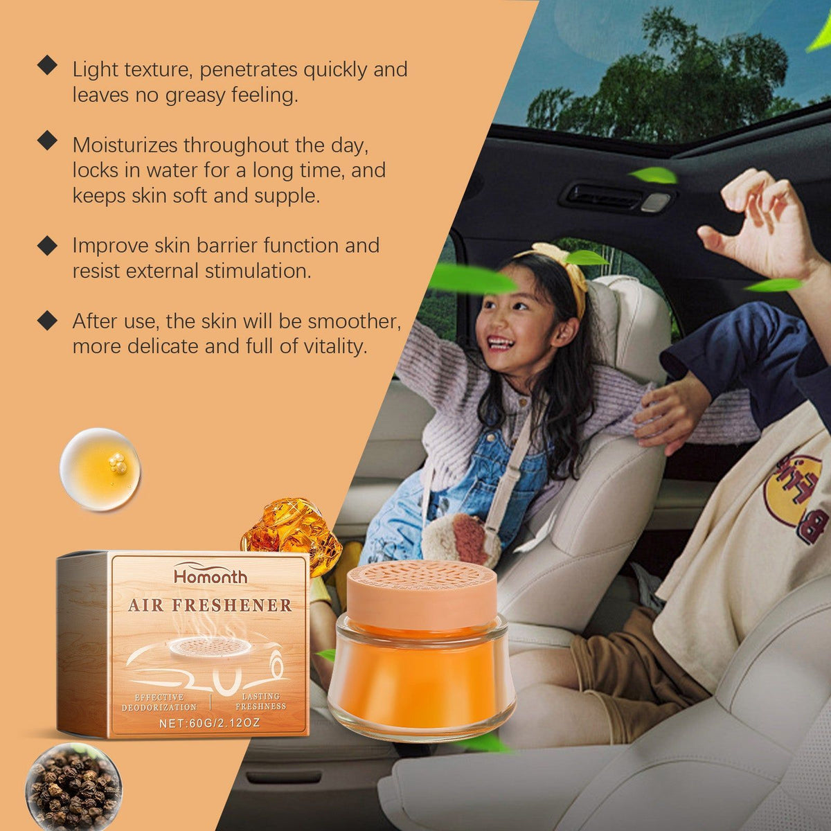 Car Balm Solid Odor Eliminator, Fresh Light Fragrance, Portable Car Air Freshener ,1set
