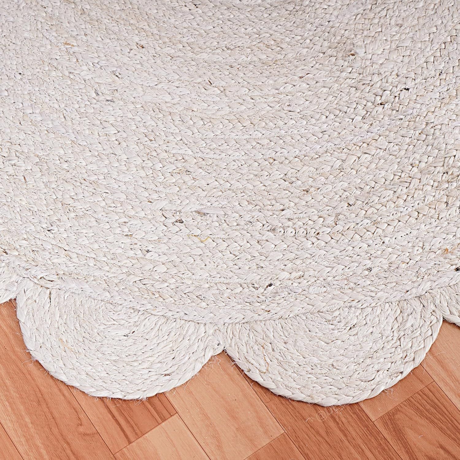 White Oval Jute Rug Scalloped Edge Handwoven Carpet | Natural Boho Floor Mat