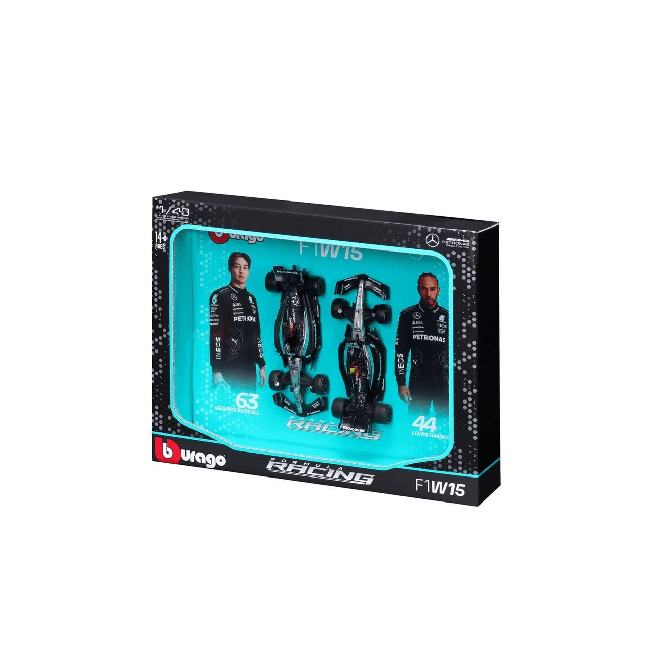 Bburago Racing F1 2024 Mercedes AMG W15 #44 Lewis Hamilton and #63 George Russel Die-Cast Cars 2-Pack Set (1:43), 14+ years