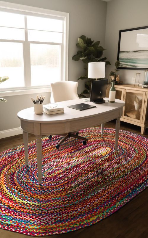 Handmade Multi-Color Oval Braided Cotton Rug - Vibrant Bohemian Style Area Rug