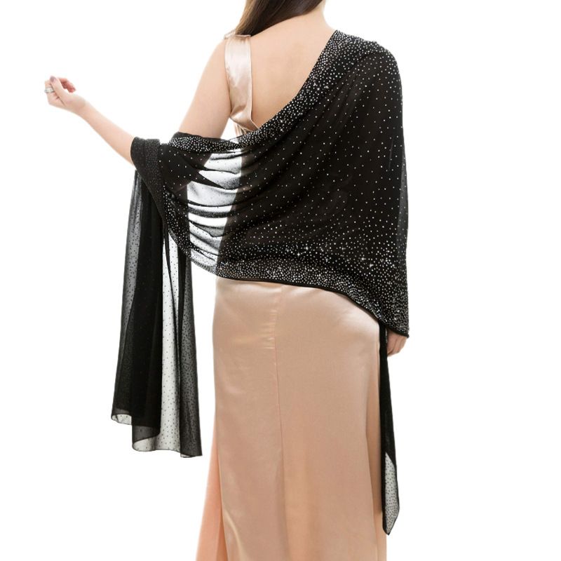 Black Chiffon Rhinestone Shawl Wrap for Women Evening Party