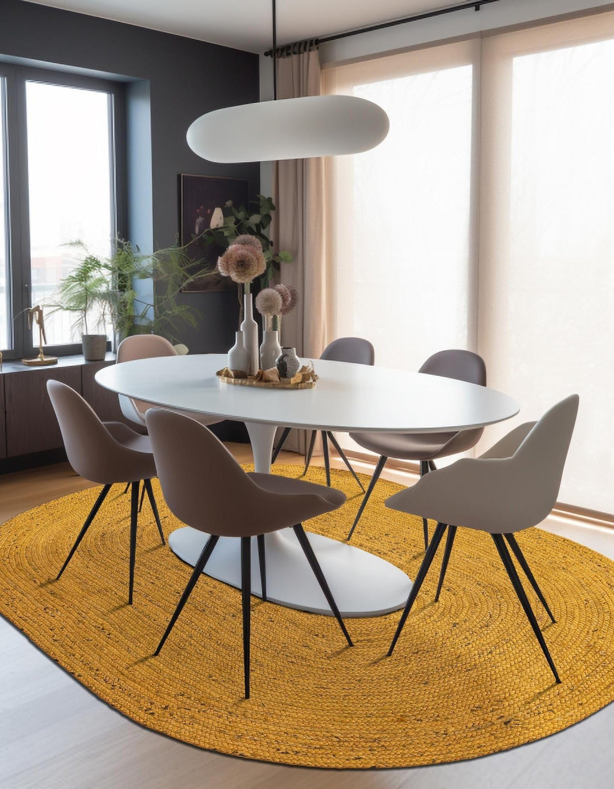 Sunshine Yellow Oval Jute Area Rug | Vibrant Hand-Woven Natural Fiber Floor Carpet Rug