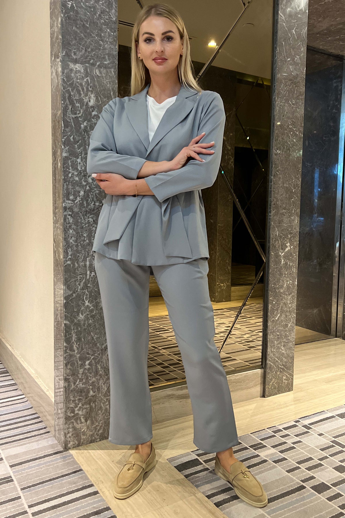 MOiSTREET Bluish Cyan  Barbie Crepe Fabric Blazer and Pants Set