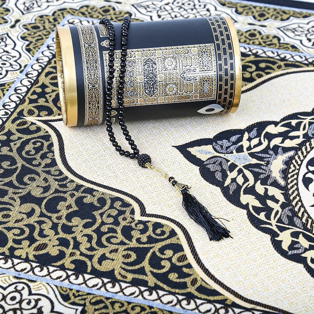 Gift Kaaba Prayer Rug With Cylinder Box , Set With Pearl Rosary