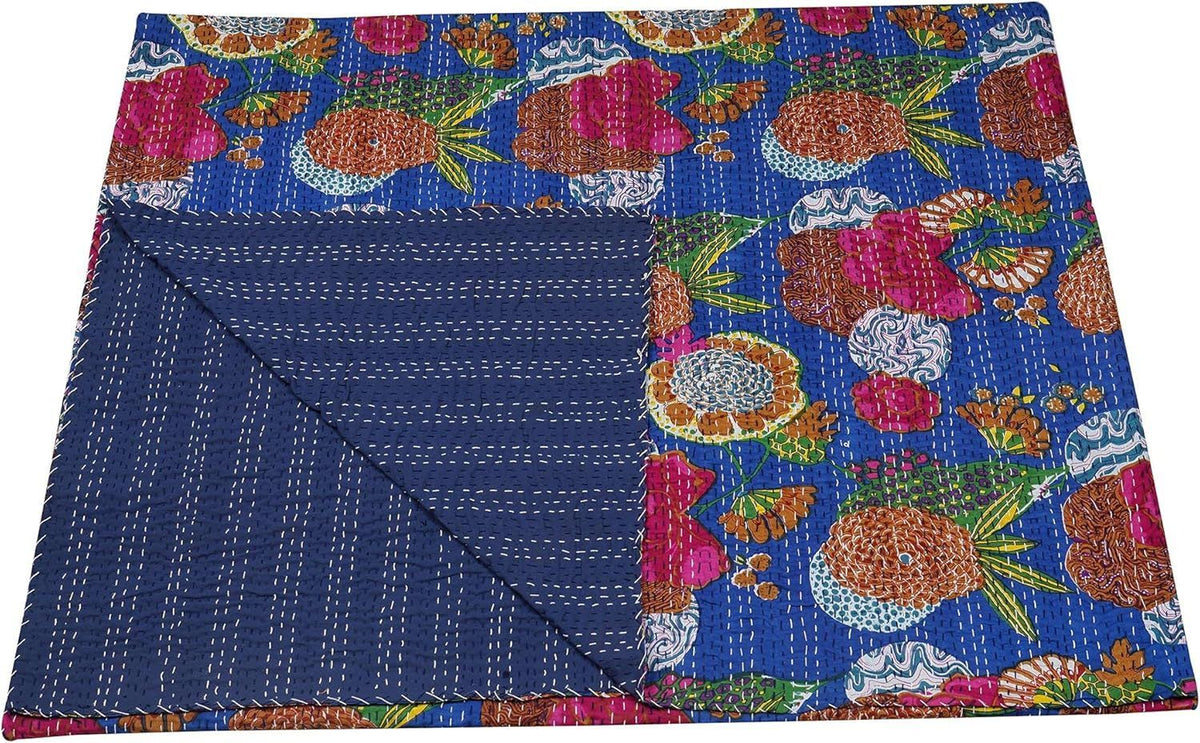 Navy Blue Kantha Quilt Cotton Gudri | Handmade Floral Indian Bedspread