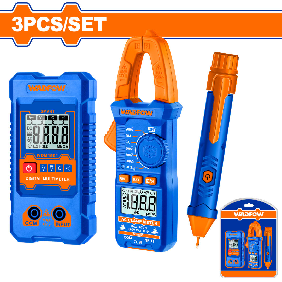 WADFOW 3 Piece Electrical Test Kit, True-RMS Clamp Meter, Digital Multimeter & 70-1000 V AC Voltage Detector