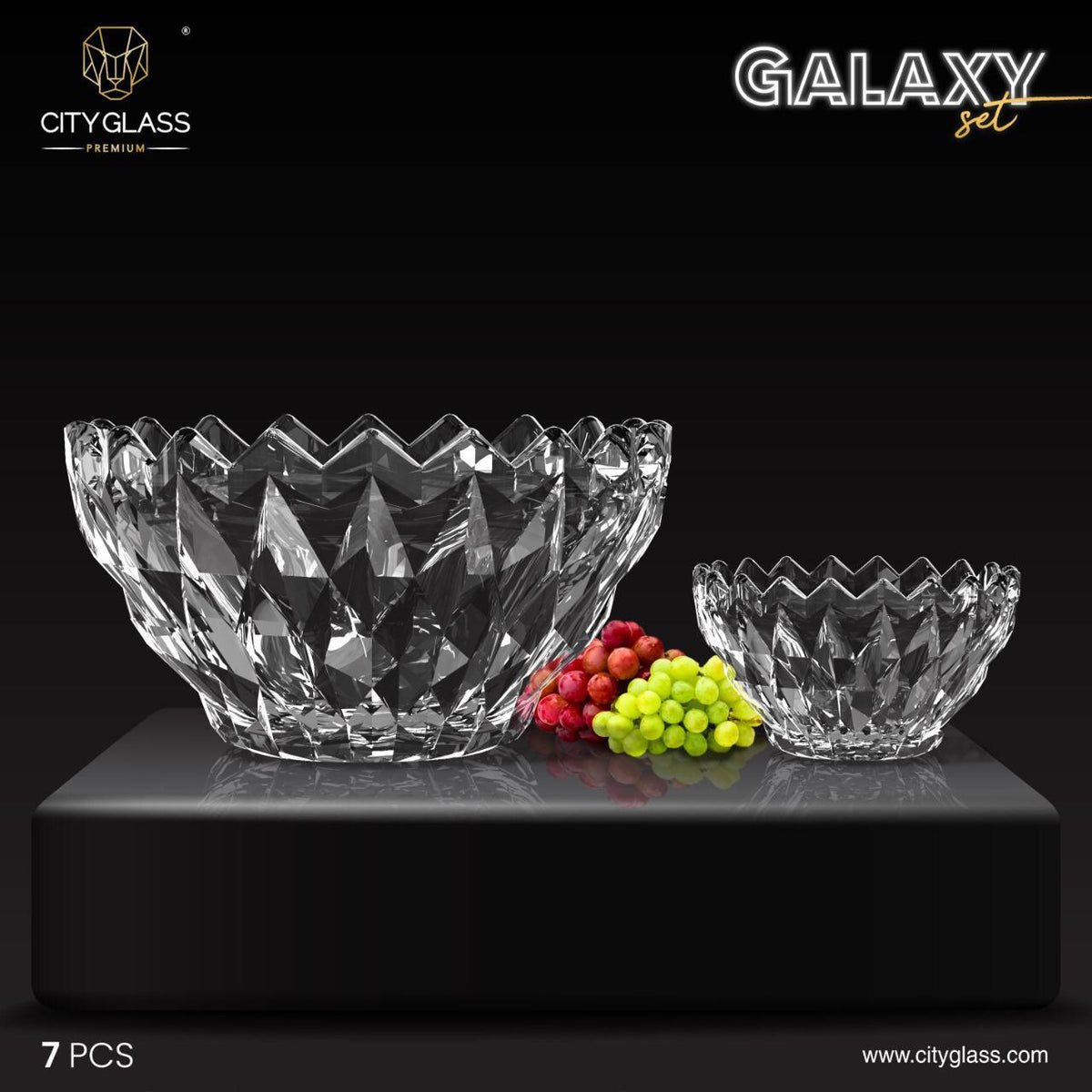 City Glass Galaxy Bowl Set, 1.8L Serving Bowl + 6x290ml Dessert Bowls, Gift Box