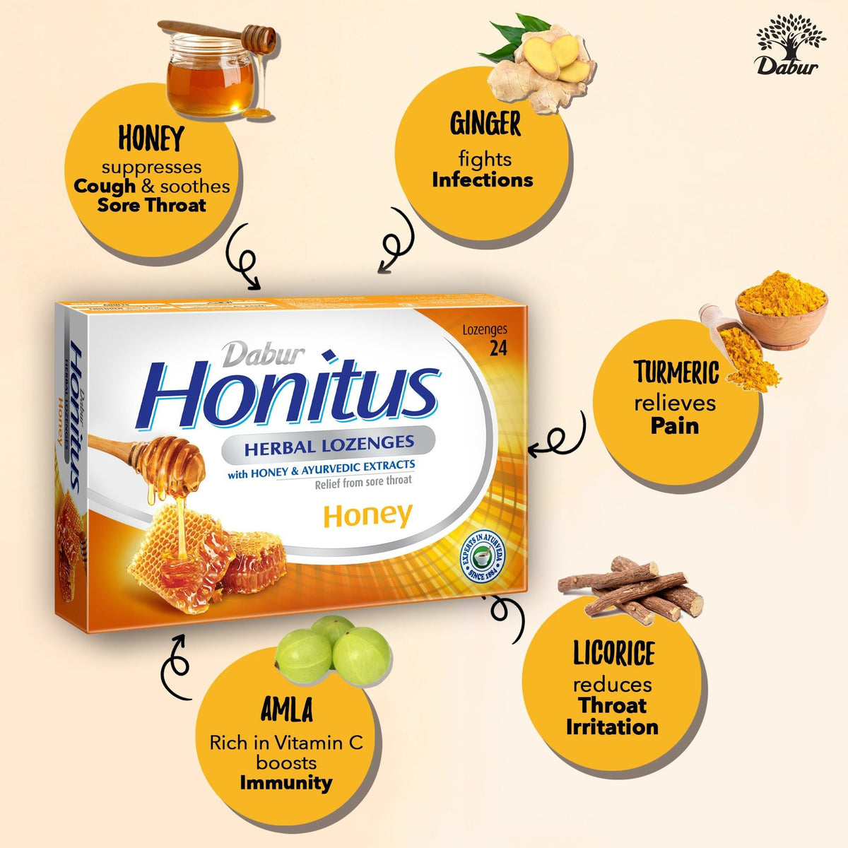 Dabur Honitus Herbal Lozenges-Honey, 24 Lozenges