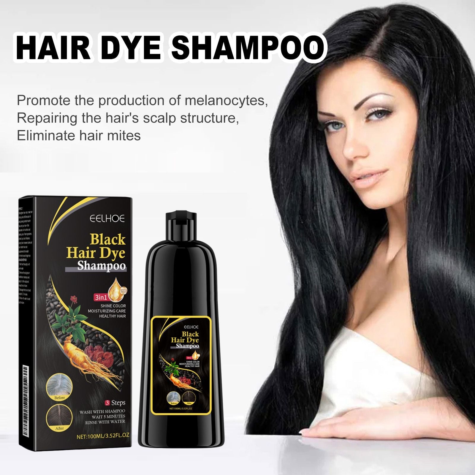 EELHOE Hair Dye Shampoo 100ml, 3-in-1 Color & Care