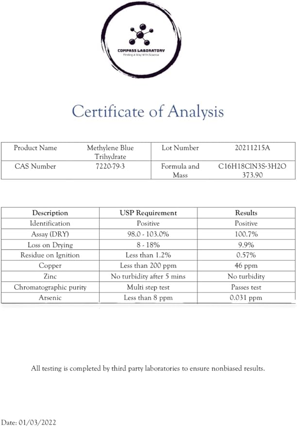 COMPASS LABORATORY Methylene Blue 1% USP-Grade Methylthioninium Chloride Liquid | High Purity Dietary Supplement for Brain Function & Cognitive Health | No Formaldehyde 237ml Glass Bottle