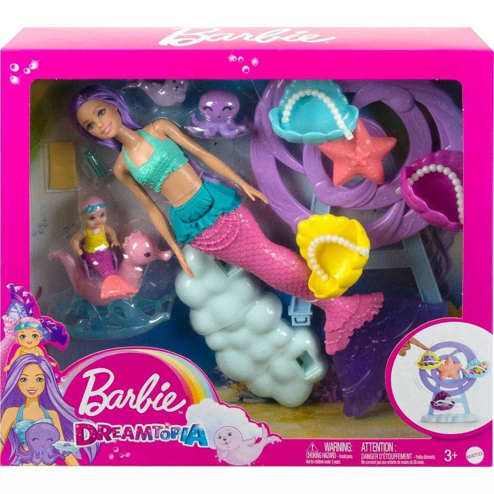 Barbie Dreamtopia Mermaid Babysitting Playset, Purple Hair Mermaid Doll with Accessories, Model HLC30