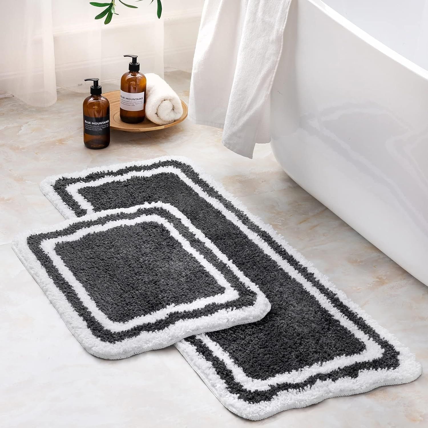 AIESY® Premium 2-Piece Microfiber Bath Mat Set (16"x24" & 16"x48") | Luxury Shaggy Runner & Door Mat Combo with Non-Slip TPR Backing | Ultra-Absorbent Geometric Border Rugs for Bathroom, Kitchen & Bedside