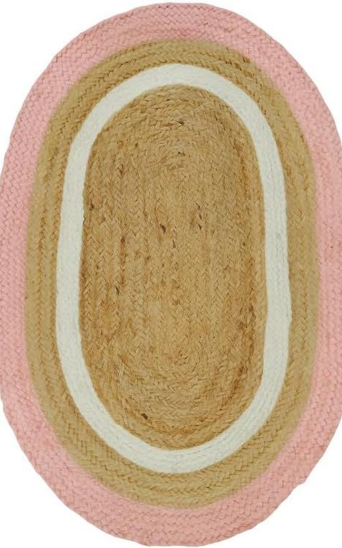 Pink & White Border Oval Jute Rug | Handmade Natural Fiber Area Rug for Living Room & Bedroom