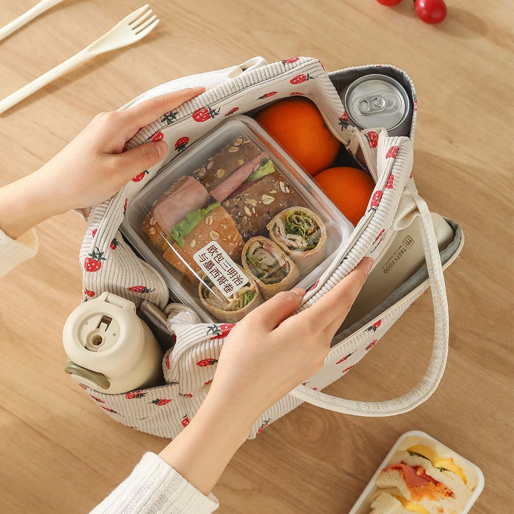 Strawberry Print Lunch Bag Large Capacity Food Storage Tote with Shoulder Strap