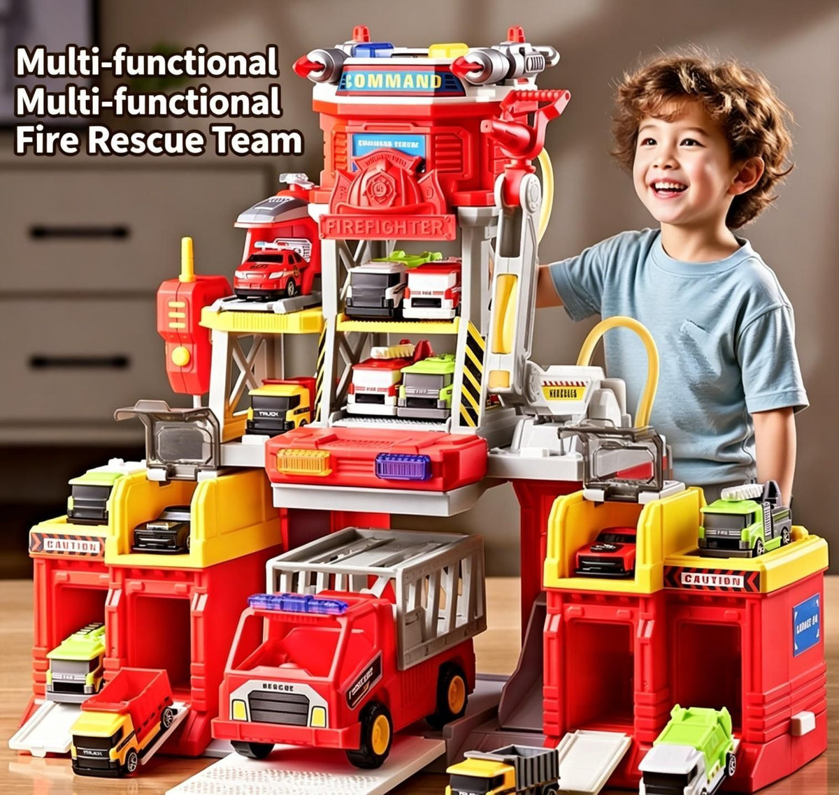 Multi-Function Fire Station Playset with Launch Mode, Rescue Vehicles & Helicopter - Interactive Toy for Kids Ages 3+