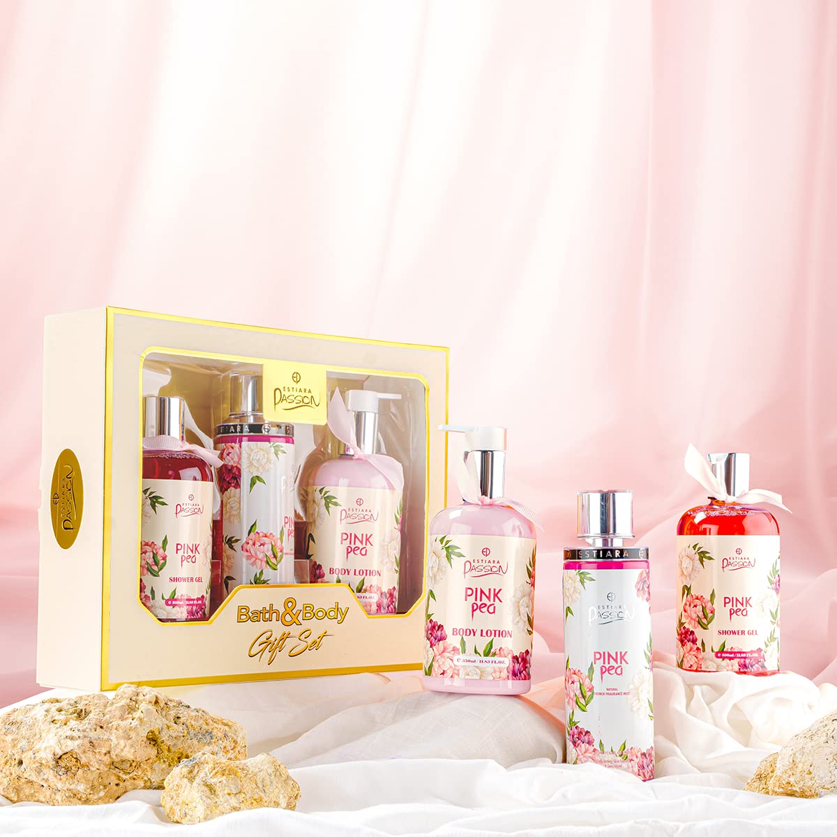 Estiara Passion Pink Pea Bath & Body 3 Piece Gift Set For Women (Body Lotion 350ml + Shower Gel 350ml + Fragrance Mist 250ml)