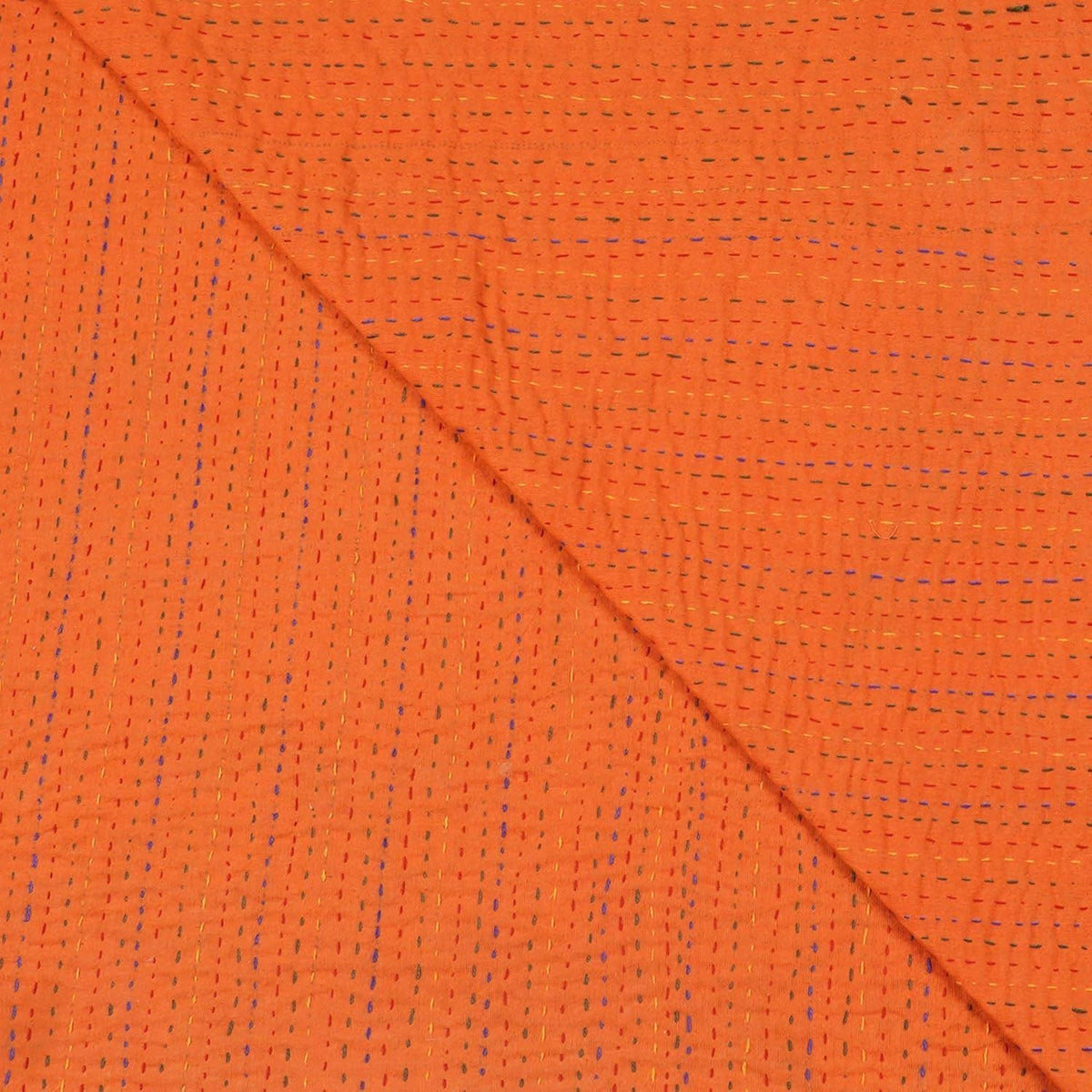 Orange Floral Kantha Quilt Cotton Bedspread | Handmade Indian Lightweight Blanket