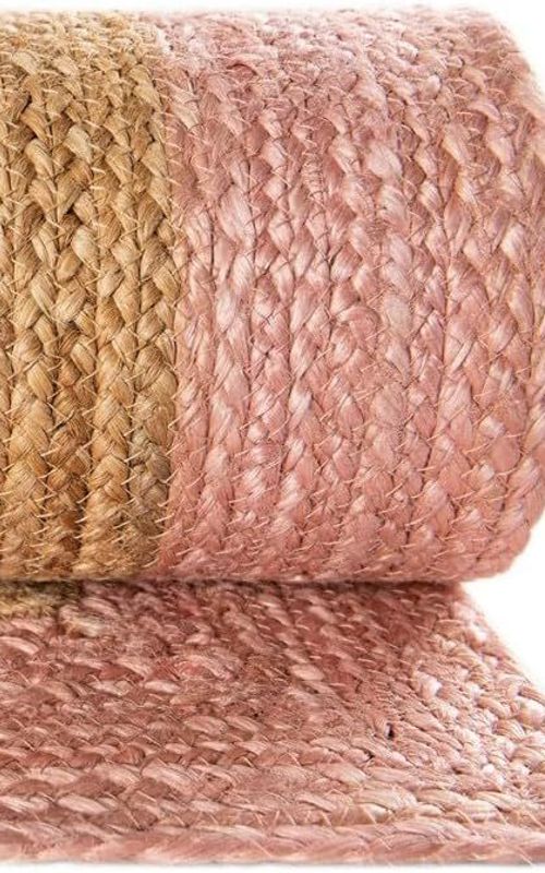 Pink & White Border Oval Jute Rug | Handmade Natural Fiber Area Rug for Living Room & Bedroom