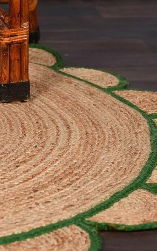 Handmade Natural Jute Area Rug with Green Scalloped Border – Eco Friendly Round Floor Carpet for Living Room & Bedroom