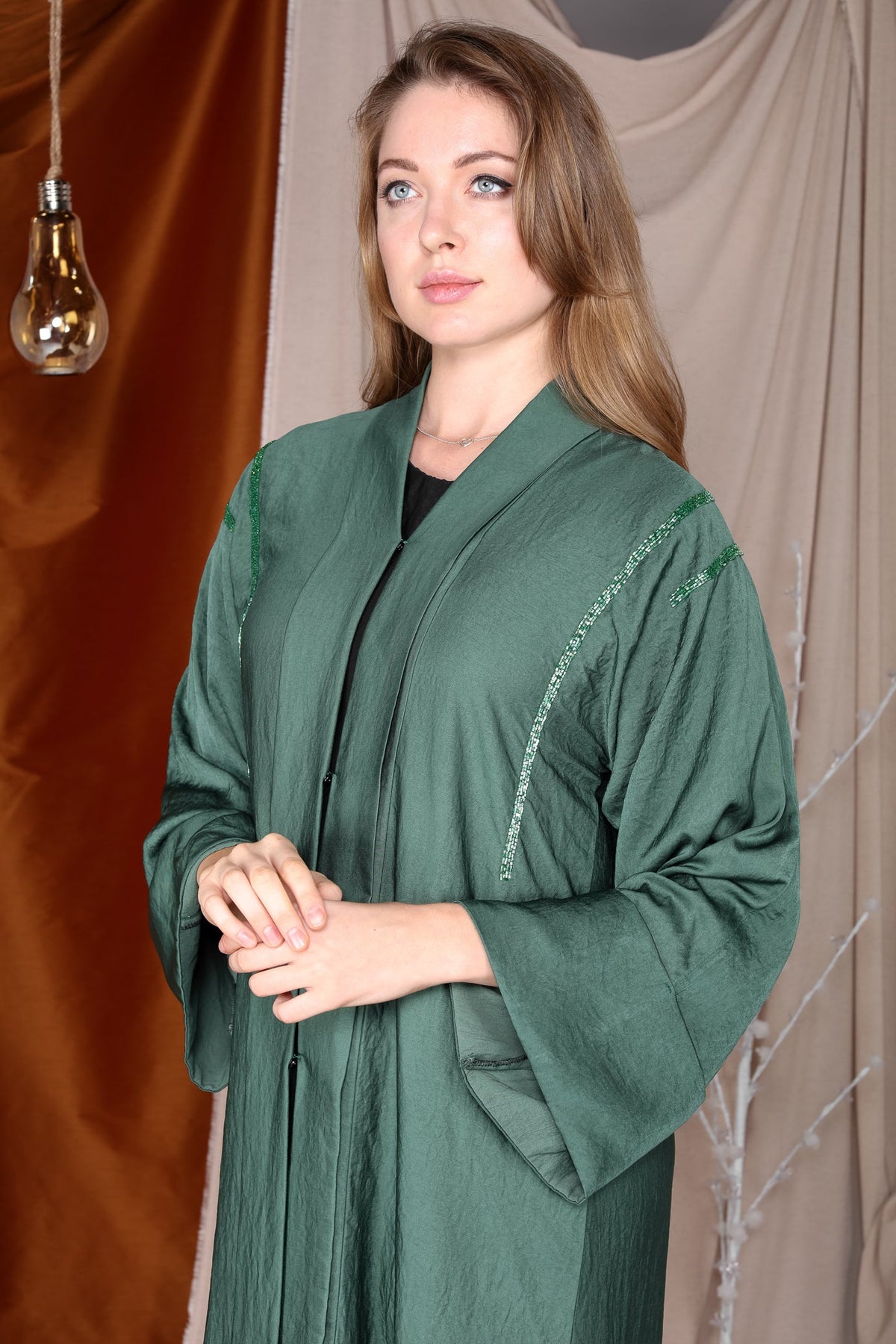 MOiSTREET Green Abaya with Hand Embroidery