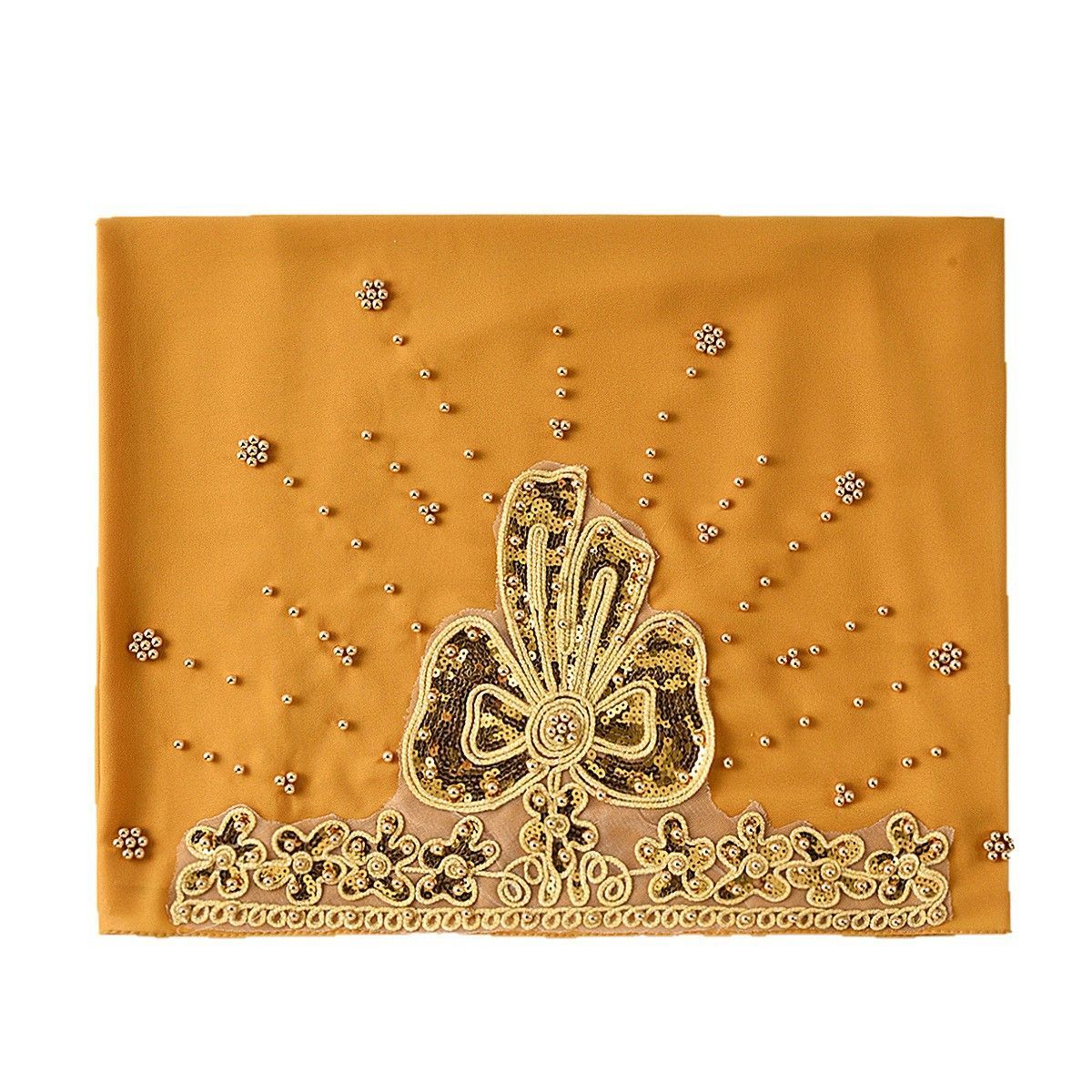 Beige Chiffon Hijab Scarf with Gold Bead Pearl Trim