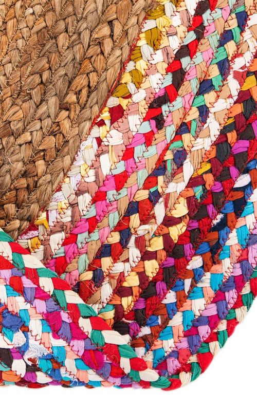Natural Jute Round Rug with Colorful Cotton Border | Handcrafted Boho Area Rug