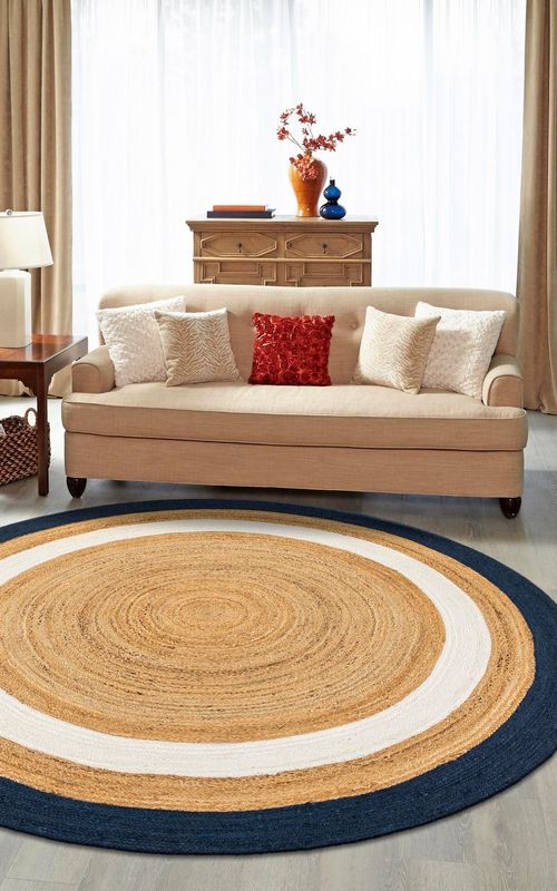 Handmade Natural Jute Round Floor Area Rug with White & Navy Blue Rings | Handwoven Coastal Area Rug