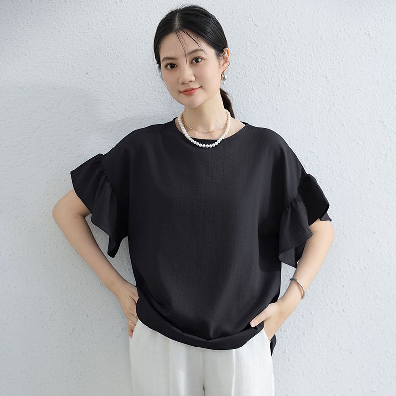 Flared Sleeve Cotton Linen Round Neck Short Sleeve Top For Women