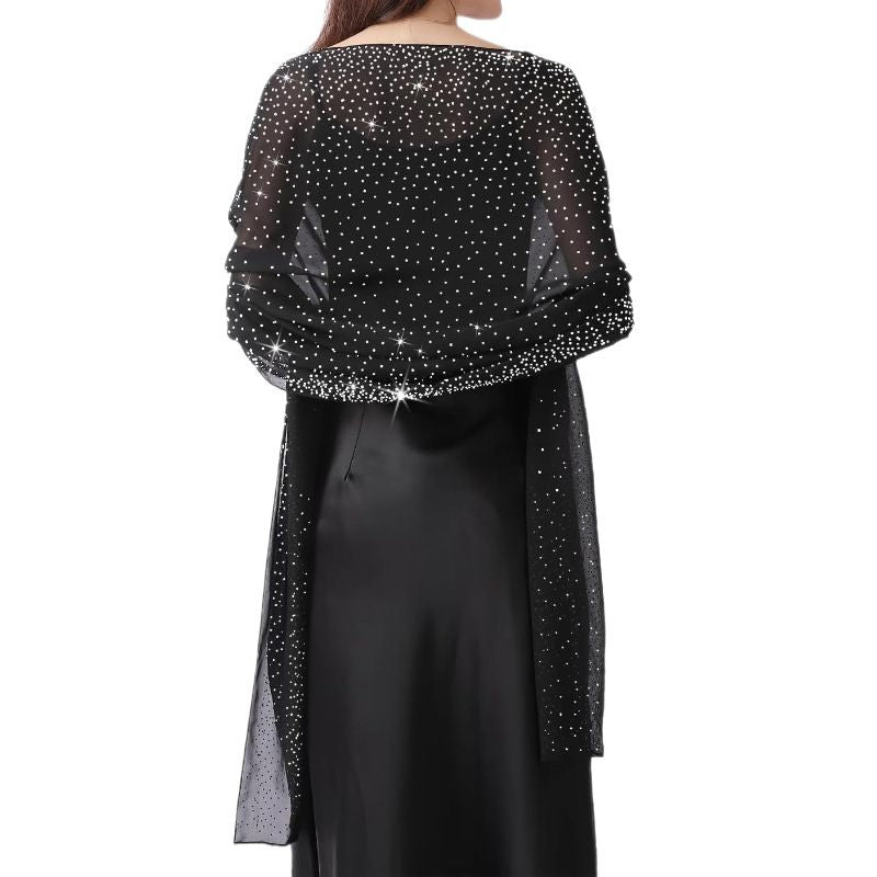 Black Chiffon Rhinestone Shawl Wrap for Women Evening Party