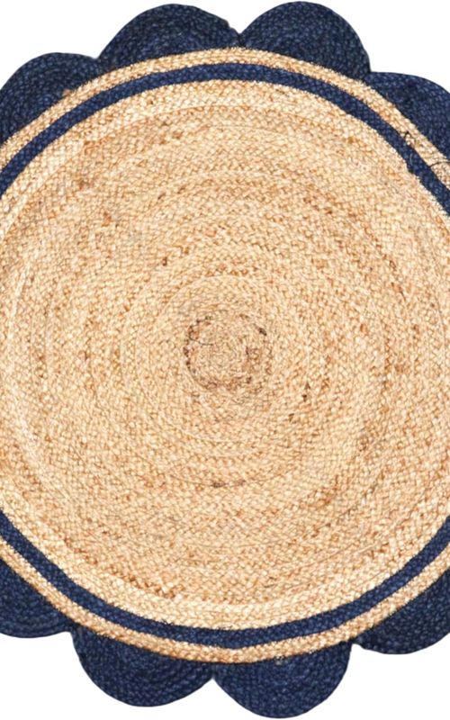 Handmade Natural Jute Round Area Rug with Blue Scalloped Border | Boho Coastal Floor Carpet for Living Room & Bedroom