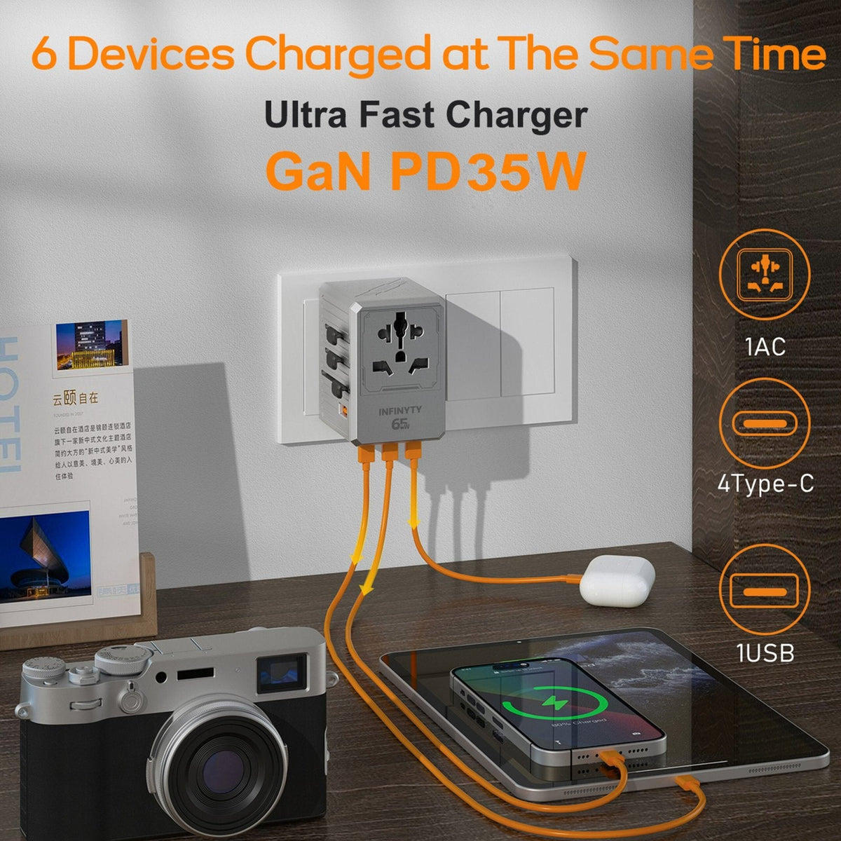 Infinyty Y127-Max PD65W Universal Travel Adapter, 65W GaN Atlas65, Silver
