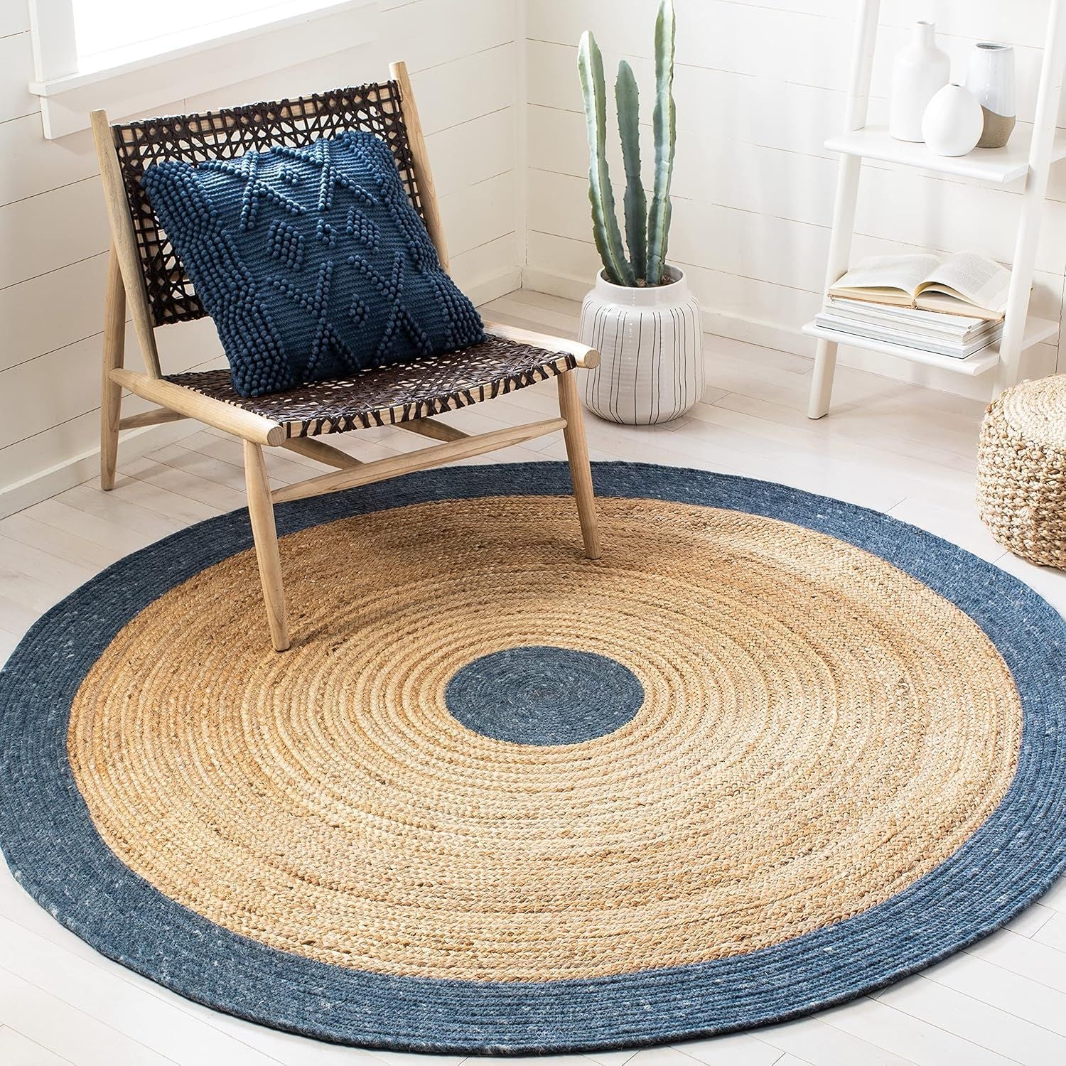 Navy Blue Border & Center Jute Round Rug | Dual Tone Handwoven Natural Area Carpet