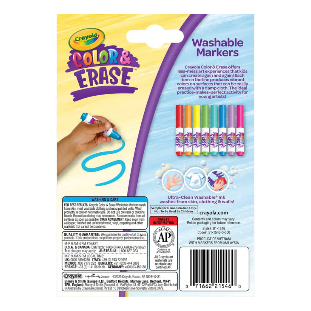 Crayola COLOR & ERASE Washable Markers Set, 8 Colors