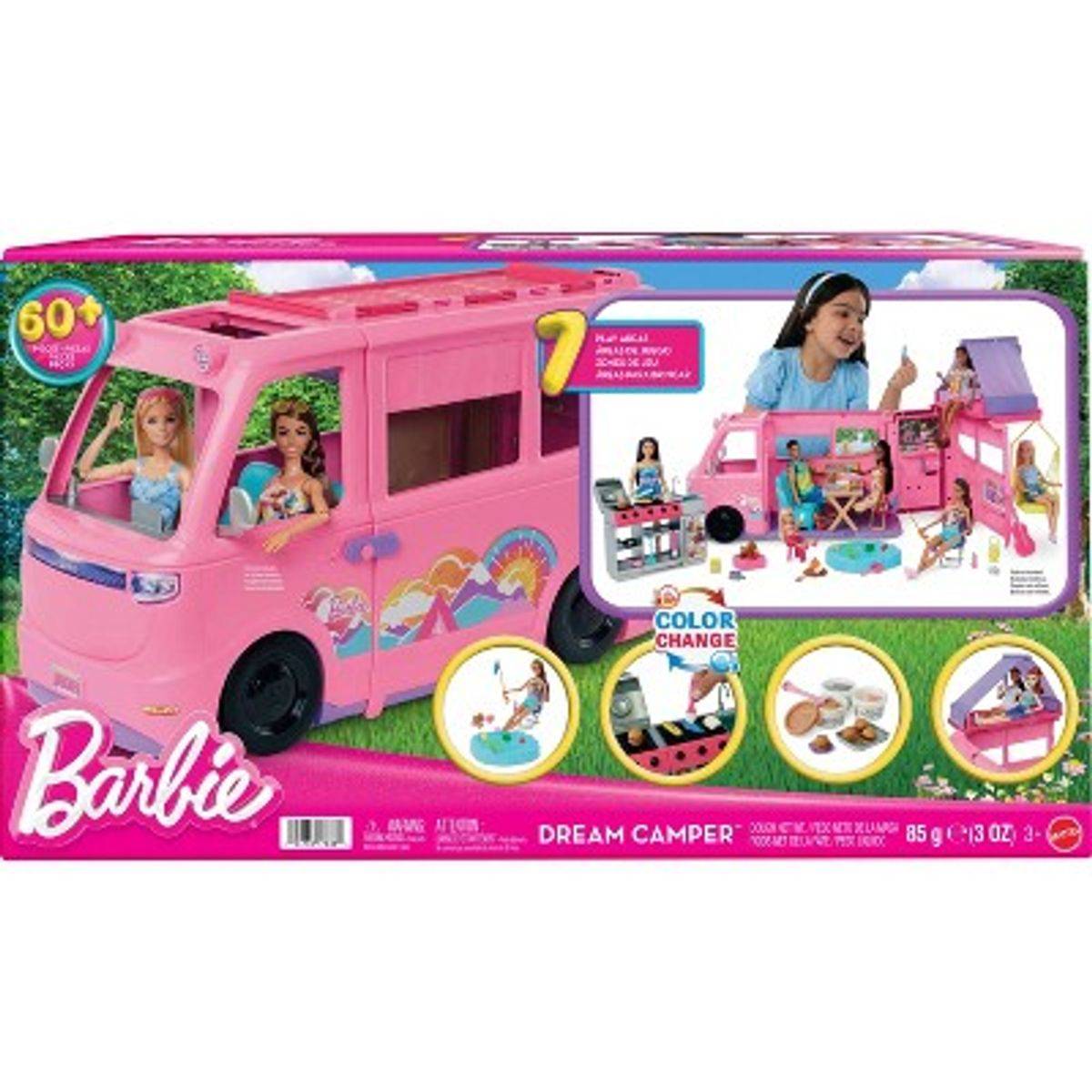 Barbie Dream Camper Playset, Roof Tent, Swing Chair, Fishing Pond, BBQ Grill with Color-Change & 60+ Accessories Model HRJ78