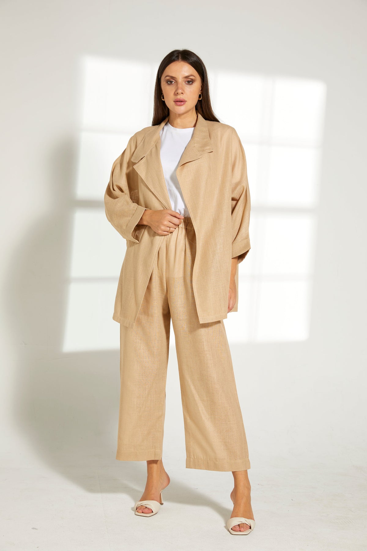 MOiSTREET Tan Linen Fabric Top and Pants Set