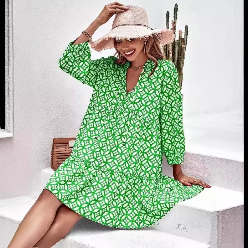 Women's Floral Printed V-Neck Long Dress with 3/4 Sleeves